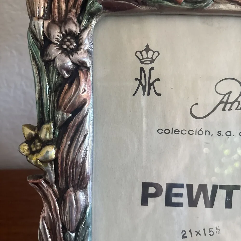 Ann Kary Mexico Pewter Picture Frame Art Nouveau Bird, Foliage, Colorful! 12.5